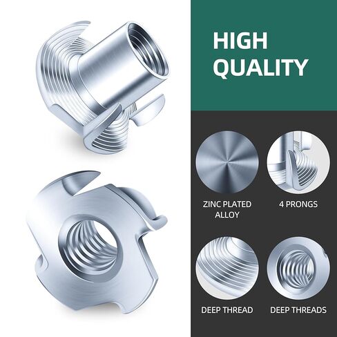 50PCS 3/8-16 T-Nuts Zinc Plated Steel Nutserts, 4-Pronged Tee Nut for Wood, Rock Climbing Holds 3/8-16 T Nuts Set for Wood Furniture in Kuwait