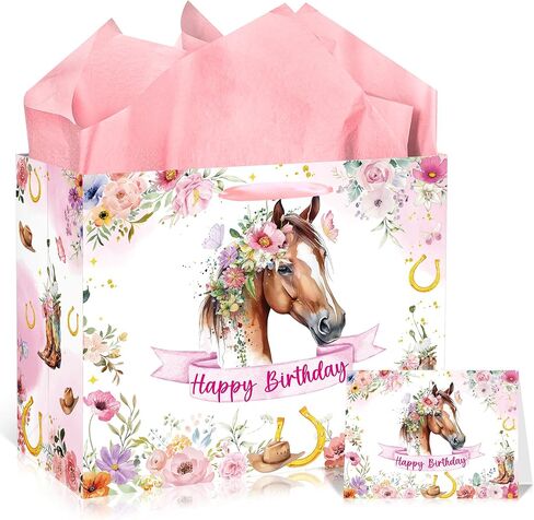 EoBeCy Western Cowgirl Birthday Gift Bag, Pink Cow Print Happy Birthday Wrapping Paper with Tissue Paper and Greeting Card, Y2K Disco Gift Wrap Bags for Girls Women Birthday Party Favors in Saudi Arabia
