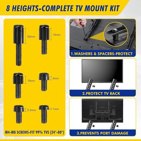 TV Mount Screws Kit 94PCS - M4 M5 M6 M8 Screws Assortment with Spacers and Zip Ties, Universal TV Mounting Hardware Kit for 32-80 Inch TVs and Monitors in Saudi Arabia