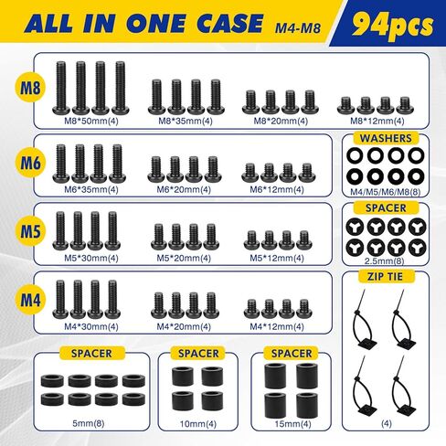 TV Mount Screws Kit 94PCS - M4 M5 M6 M8 Screws Assortment with Spacers and Zip Ties, Universal TV Mounting Hardware Kit for 32-80 Inch TVs and Monitors in Saudi Arabia