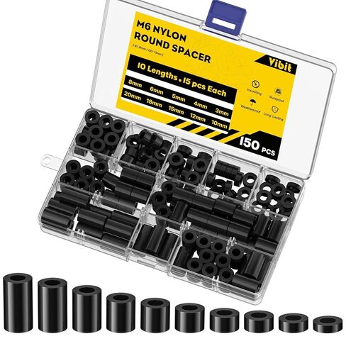 Vibit 150 Pcs Space M6 Nylon Spacers for Screws, ID 6 mm & OD 11 mm, 10 Lengths – 3 mm 4 mm 5 mm 6 mm 8 mm 10 mm 12 mm 15 mm 18 mm 20 mm, Non-Threaded Plastic Spacers Round Spacers for Screws, Black in Kuwait