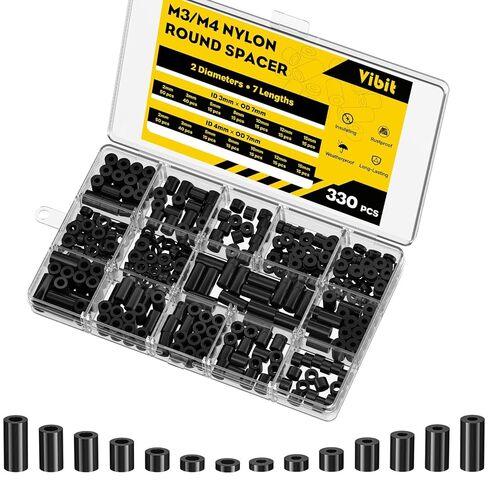 Vibit 150 Pcs Space M6 Nylon Spacers for Screws, ID 6 mm & OD 11 mm, 10 Lengths – 3 mm 4 mm 5 mm 6 mm 8 mm 10 mm 12 mm 15 mm 18 mm 20 mm, Non-Threaded Plastic Spacers Round Spacers for Screws, Black in Saudi Arabia