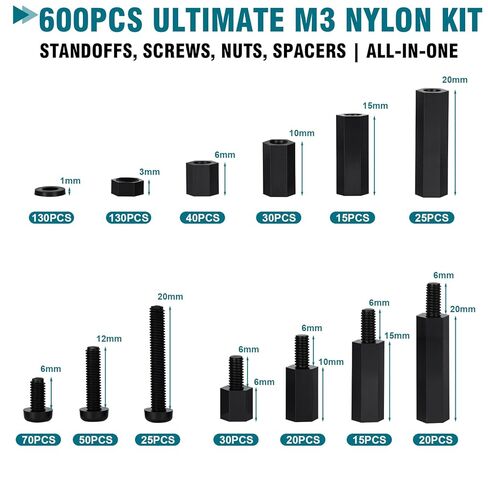 M3 Nylon Standoff & Fastener Kit - Complete Set with Screws, Nuts, Spacers & Threaded Pillars (6mm to 20mm) for Motherboard, PCB, 3D Printer, Raspberry Pi & Computer Building - 600Pcs in Saudi Arabia