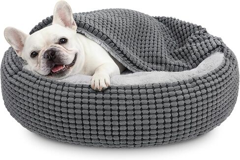 SIWA MARY Small Dog Bed with Attached Blanket, Cozy Donut Cuddler Anti-Anxiety Hooded Pet Beds Calming Cave Bed. Orthopedic Round Puppy Beds for Dogs or Cats Washable, Anti-Slip Bottom, 23inch in Kuwait