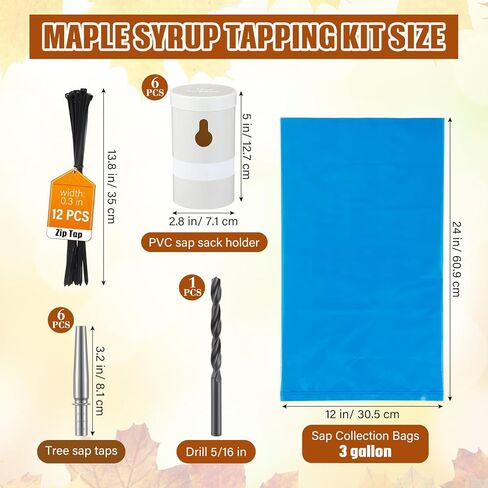 6 Maple Syrup Tapping Kit PVC Maple Sap Sack Holder, 3 Gallon Collection Bags, 5/16" Drill, Zip Ties, and Tree Sap Taps Complete Kit Big Capacity for Collection and Harvest in Saudi Arabia