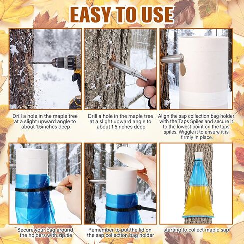 6 Maple Syrup Tapping Kit PVC Maple Sap Sack Holder, 3 Gallon Collection Bags, 5/16" Drill, Zip Ties, and Tree Sap Taps Complete Kit Big Capacity for Collection and Harvest in Saudi Arabia