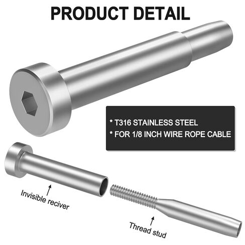 BLIKA 20 Pack Stainless Steel Invisible Receiver and Swage Stud End for 3/16 Inch Cable Railing, Deck Stair Threaded End Fitting for 2"x2", 4"x4" Wood/Metal Posts, 3/16" Cable Railing Hardware in Kuwait