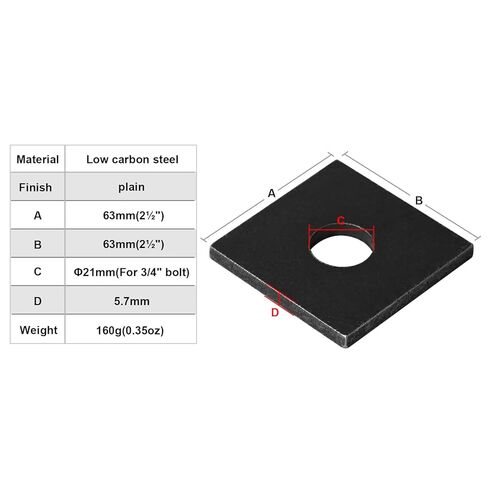 10 عبوات 2-1/2" x 2-1/2" غسالة مربعة مسطحة، 3/4" مسمار، ملحومة على لوح فولاذي، سميكة 5.7 مم in Saudi Arabia