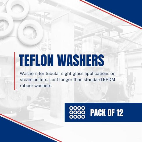 غسالات زجاج بقياس تيفلون 12 عبوة | درجات حرارة تصل إلى 450 درجة فهرنهايت | يستخدم لتطبيقات زجاج الرؤية لمستوى سائل الغلاية (5/8 بوصة × 7/8 بوصة × 5/16 بوصة) in Kuwait