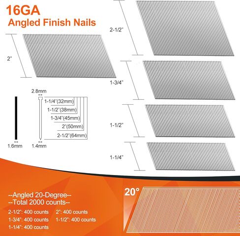 16 مسامير نهائية بزاوية قياس، 20 درجة، عدد 2000 (2-1/2 بوصة، 2 بوصة، 1-3/4 بوصة، 1-1/2 بوصة، 1-1/4 بوصة) 16GA مسامير تشطيب مجلفنة، مسامير مسدس تأطير متنوعة لمسامير المسامير الهوائية والكهربائية in Kuwait