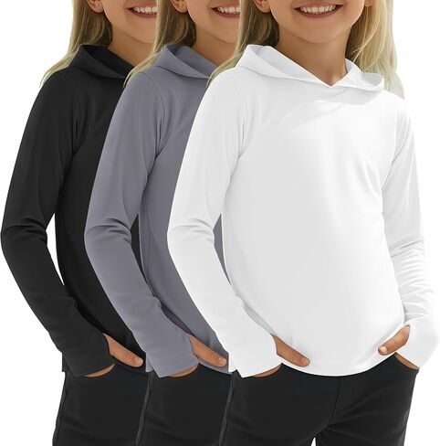 3 Pack Girls Sun Hoodie UPF50+ Long Sleeve Sun Protection Shirts with Thumb Holes Athletic Quick Dry Rash Guard in Saudi Arabia