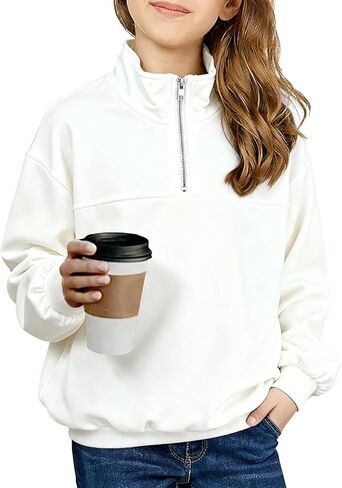 NEW 6-14Y Girls Half Zip Sweatshirt Oversized Quarter Zip Pullover Soft Cotton Long Sleeve Top in Kuwait
