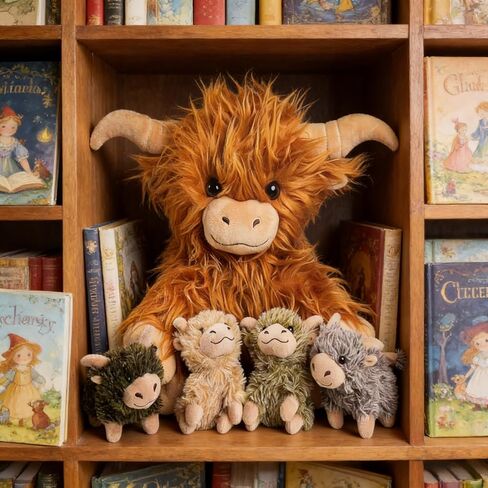 مجموعة 5 قطع من حيوانات بقرة المرتفعات المحشوة مع الأطفال، لعبة بقرة المرتفعات الاسكتلندية مقاس 35.56 سم من القطيفة مع 4 أطفال لطيفين محشوين على شكل بقرة هايلاند، دمية هدايا للأطفال في أعياد الميلاد وعيد الميلاد in Kuwait