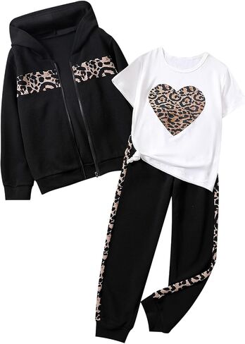 بدلة رياضية غير رسمية للفتيات مكونة من 3 قطع بغطاء للرأس وأكمام قصيرة ورسوم على شكل قلب وسروال رياضي أطقم سراويل رياضية لعمر 8-14 سنة in Kuwait