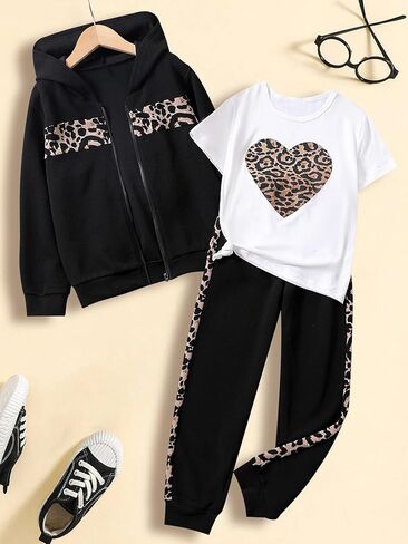 بدلة رياضية غير رسمية للفتيات مكونة من 3 قطع بغطاء للرأس وأكمام قصيرة ورسوم على شكل قلب وسروال رياضي أطقم سراويل رياضية لعمر 8-14 سنة in Kuwait