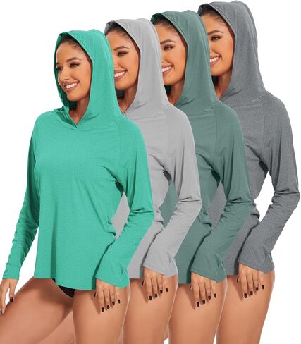 4 Pack Women's Sun Protection UPF 50+ Hoodie SPF Long Sleeve Hiking Fishing UV Athletic Shirts Lightweight in Kuwait