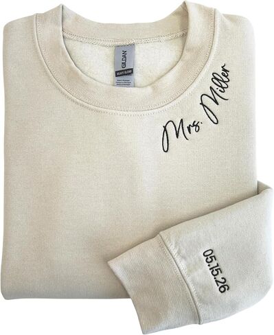 Custom Mrs. Embroidered Sweatshirt, Personalized Bride to Be Sweatshirt with Date on Sleeve & Name on Neckline, Future Mrs Hoodie, Bride To Be, Engagement Gift & Honeymoon Outfit for Couples in Saudi Arabia