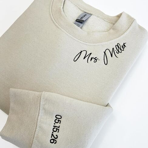 Custom Mrs. Embroidered Sweatshirt, Personalized Bride to Be Sweatshirt with Date on Sleeve & Name on Neckline, Future Mrs Hoodie, Bride To Be, Engagement Gift & Honeymoon Outfit for Couples in Saudi Arabia