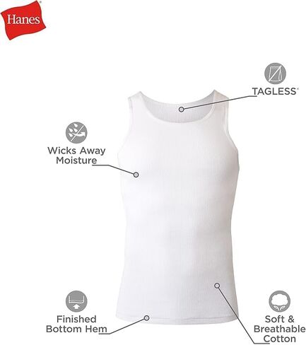 Hanes Men's Tank Top Undershirt Pack, Moisture-Wicking Cotton Ribbed Tanks for Men, Multi-Pack, White or Black/Gray - White - 6 Pack in Saudi Arabia