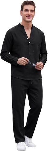 طقم رجالي مكون من قطعتين من القطن والكتان لفصل الصيف، قمصان هينلي بأكمام طويلة وسراويل فضفاضة in Kuwait