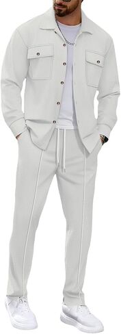 MQUN Mens Sweatsuits 2 Piece Set Jacket Top and Casual Pants Set Fall Fashion Sweatsuits Waffle Plaid Jacquard Outfits in Saudi Arabia