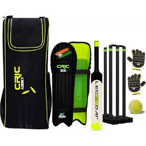 jaspo Cric-Addict Legender Cricket Set for Kids, Kit with legguards,Gloves,Bag,Ball,4stumps,2stands,2bails & a Strong Plastic bat for Initial Training, for Boys Girls(Size-5) up to 12 Years in Kuwait