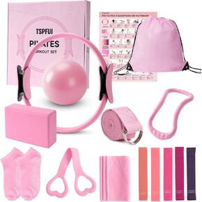 Pilates Kit, Home Pilates Workout Kit for Women, Pilates Equipment with Pilates Ring and Ball, Yoga Block & 5 Resistance Bands, Ankle Weights, Sliders & Grip Socks, Workout Guide Included in Kuwait