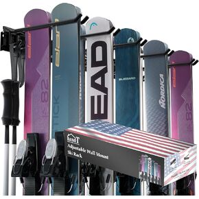 حامل جداري للتزلج مقره الولايات المتحدة الأمريكية، يحمل 10 أزواج لرف تخزين التزلج، وشماعات لوح التزلج وحوامل التزلج لرفوف تخزين الحائط للمرآب، وشماعات التزلج على الحائط تحمل ما يصل إلى 125 رطلاً، و5 خطافات سوداء in Kuwait