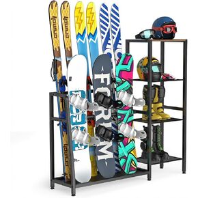 حامل ألواح التزلج قائم بذاته - حاملات تزلج لأربعة أزواج من الزلاجات، 3 قطع من ألواح التزلج، حذاء طويل، عمود، نظارات واقية، خوذة وأكثر من ذلك، منظم تزلج بحامل أرضي من الفولاذ عالي التحمل للمرآب والسقيفة والطابق السفلي in Kuwait