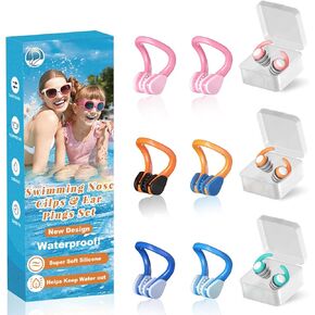 Swimming Nose Clip Ear Plugs - 9 Packs Silicone Swim Nose Plugs with Earplugs for Kids,Waterproof Pool Nose Plug for Diving Surfing and Other Water Sports with Storage Box,Multi-Color in Kuwait