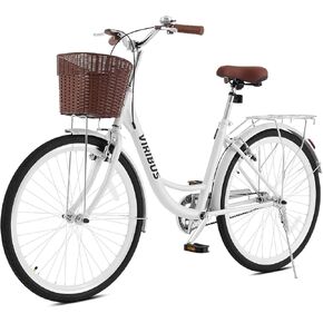 VIRIBUS Beach Cruiser Bike for Women, Single Speed Womens Bike with Basket & Rack 24 26 inch, Retro Step Through Cruiser Bicycle for Petite Short Women Female Ladies City Commuter, 330 lb. in Kuwait