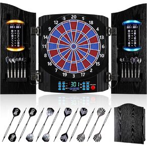 لوح رمي السهام الإلكتروني، مجموعة خزانة لوح رمي السهام الكهربائية للبالغين [12 سهمًا برأس ناعم] لون خفيف فردي لكل لاعب - خزانة خشبية للعبة العائلة in Kuwait