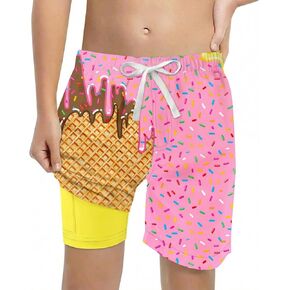 Boys Swim Trunks with Compression Liner Funny Ice Cream Swim Shorts Quick Dry 2 in 1 Beach Board Shorts with Pockets in Kuwait