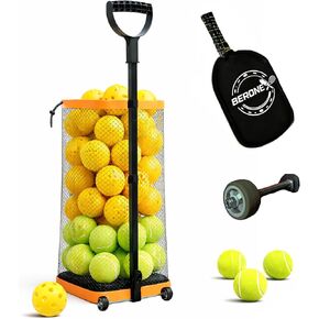 Rolling Tennis Ball Hopper & Picker Basket with Wheels, Holds 50+ Tennis Balls or 40+ Pickleballs, Lightweight Retriever Collector, Durable Easy Pick Up Ball Collector with Paddle Bag, Upgraded in Kuwait
