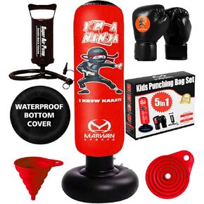 Marwan Sports 5-in-1 Kids Punching Bag Set with Gloves, Pump & Funnel – 63" Inflatable Boxing Bag for Kids 4-12, Durable PVC, Fast Rebound, Waterproof Base Cover with Handles, Gift for Boys & Girls in Saudi Arabia
