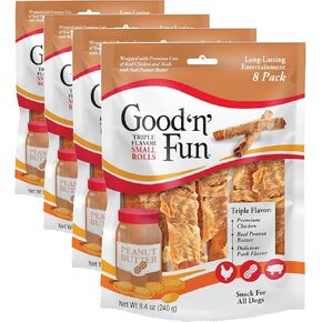 Good ’n’ Fun Triple Flavor Small Rolls with Peanut Butter, 4 Count, Chews with Rawhide for Dogs Made with Chicken, Peanut Butter and Pork Flavor in Kuwait