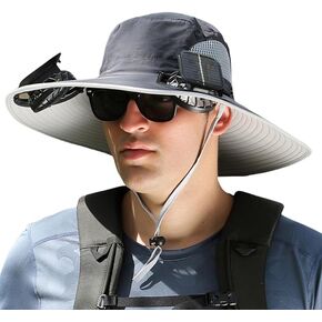 Outdoor Wide Brim Sun Hat with 2 Solar Fan Sun Bucket Hat for Men Women UPF 50+ Bucket Fishing & Beach Hat with Fan Built in in Kuwait