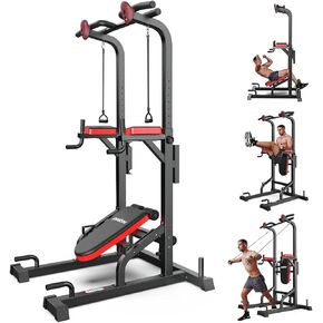 Pooboo Power Tower Dip Station Pull Up Bar for Fitness Home Gym Workout,450 Pounds Multi-Function Adjustable Height Fitness Strength Training Exercise Equipment,with Power Elastic Ropes in Kuwait