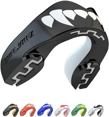 SAFEJAWZ Mouth Guard, Dual Layer Mouthguard for Youth with Case, Easy Fit Remoldable Mouthpiece for Football, Boxing, Lacrosse, MMA, Basketball & All Contact Sports (Kids <11 Years, Black Fangz) in Saudi Arabia
