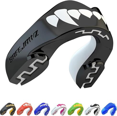 SAFEJAWZ Mouth Guard, Dual Layer Mouthguard for Youth with Case, Easy Fit Remoldable Mouthpiece for Football, Boxing, Lacrosse, MMA, Basketball & All Contact Sports (Kids <11 Years, Black Fangz) in Saudi Arabia