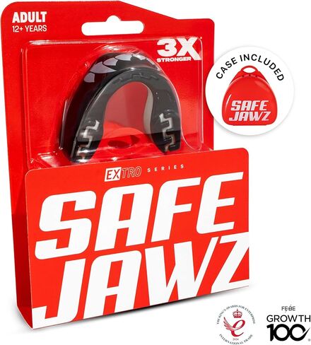 SAFEJAWZ Mouth Guard, Dual Layer Mouthguard for Youth with Case, Easy Fit Remoldable Mouthpiece for Football, Boxing, Lacrosse, MMA, Basketball & All Contact Sports (Kids <11 Years, Black Fangz) in Saudi Arabia