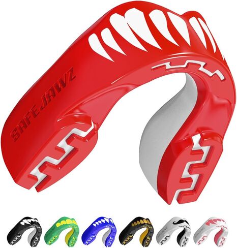 SAFEJAWZ Mouth Guard, Dual Layer Mouthguard for Youth with Case, Easy Fit Remoldable Mouthpiece for Football, Boxing, Lacrosse, MMA, Basketball & All Contact Sports (Kids <11 Years, Black Fangz) in Saudi Arabia