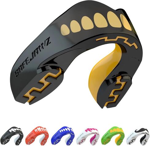 SAFEJAWZ Mouth Guard, Dual Layer Mouthguard for Youth with Case, Easy Fit Remoldable Mouthpiece for Football, Boxing, Lacrosse, MMA, Basketball & All Contact Sports (Kids <11 Years, Black Fangz) in Saudi Arabia
