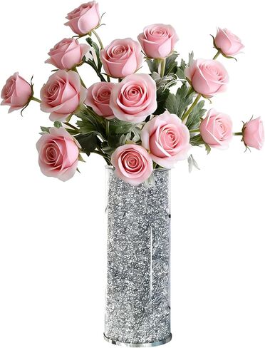 مزهرية زجاجية فضية للزهور، مزهرية كبيرة من الألماس المجروش مقاس 10 بوصات، مزهرية زهور طازجة فاخرة لديكور المنزل، وغرفة النوم، وغرفة المعيشة، والمكتب، والزفاف، والحفلات، وطاولة الطعام in Kuwait