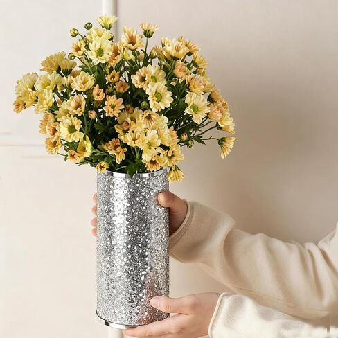 مزهرية زجاجية فضية للزهور، مزهرية كبيرة من الألماس المجروش مقاس 10 بوصات، مزهرية زهور طازجة فاخرة لديكور المنزل، وغرفة النوم، وغرفة المعيشة، والمكتب، والزفاف، والحفلات، وطاولة الطعام in Kuwait
