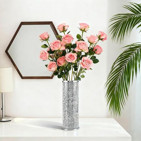 مزهرية زجاجية فضية للزهور، مزهرية كبيرة من الألماس المجروش مقاس 10 بوصات، مزهرية زهور طازجة فاخرة لديكور المنزل، وغرفة النوم، وغرفة المعيشة، والمكتب، والزفاف، والحفلات، وطاولة الطعام in Kuwait