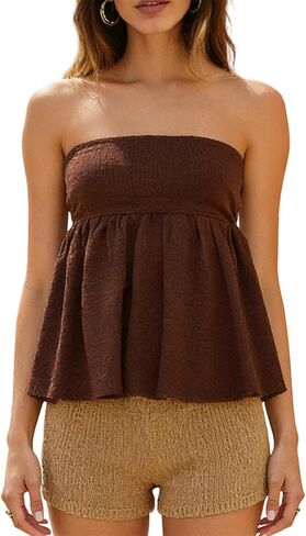 Bocymolay Women Strapless Peplum Top Ruffle Hem Tube Bandeau Top Backless Sleeveless Tank Top Summer Going Out in Kuwait