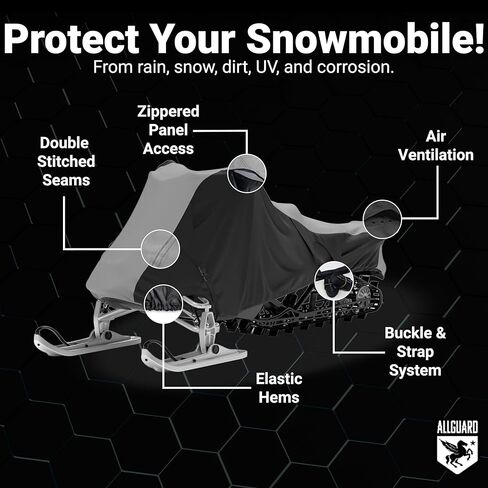 AllGuard Weatherproof Max Snowmobile Cover, Heavy Duty 600D Marine Grade Polyester, Protects from Rain, Snow, Sun, UV & More - Gray/Black (Fits Length: 115" to 130") in Kuwait