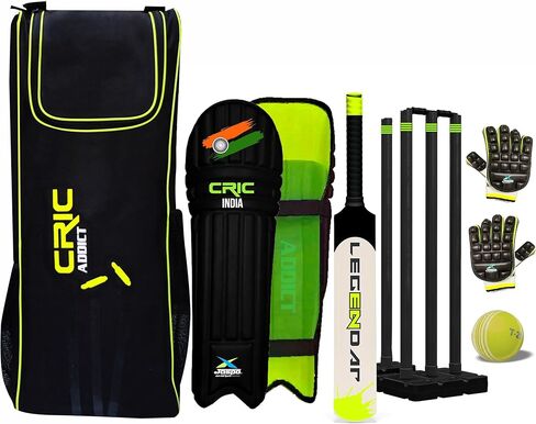 jaspo Cric-Addict Legender Cricket Set for Kids, Kit with legguards,Gloves,Bag,Ball,4stumps,2stands,2bails & a Strong Plastic bat for Initial Training, for Boys Girls(Size-5) up to 12 Years in Kuwait