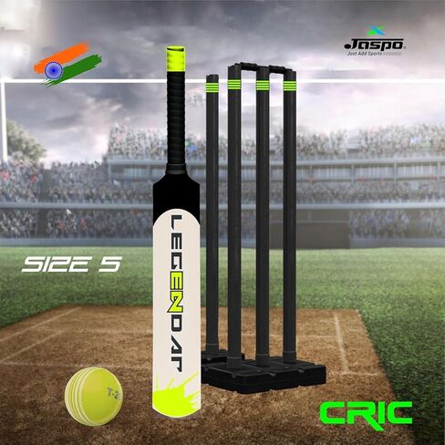 jaspo Cric-Addict Legender Cricket Set for Kids, Kit with legguards,Gloves,Bag,Ball,4stumps,2stands,2bails & a Strong Plastic bat for Initial Training, for Boys Girls(Size-5) up to 12 Years in Kuwait